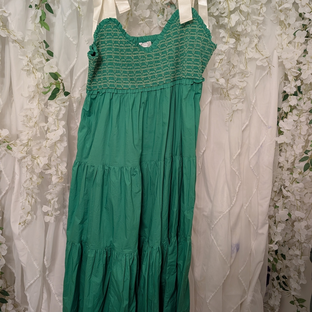 Empire Weist Plus Size Smocked Dress. Cream Bow Straps